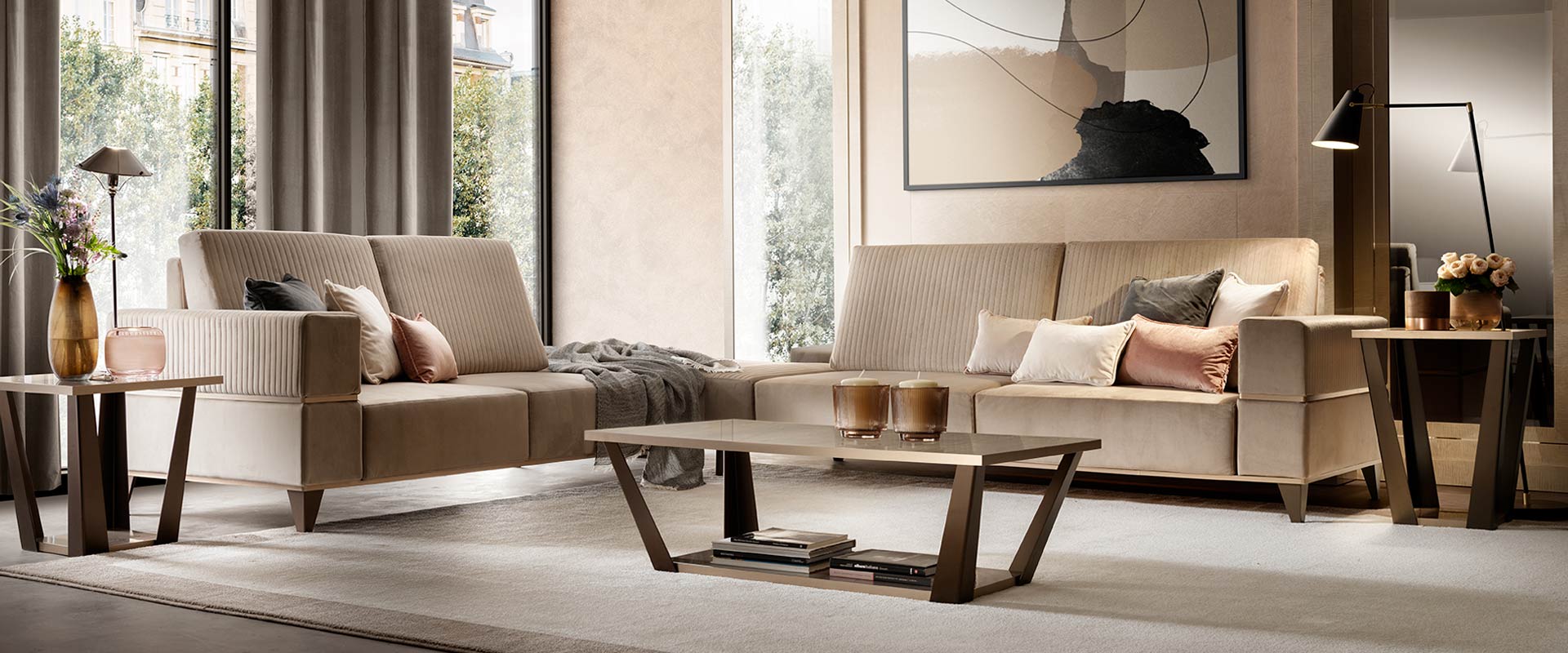 adora interiors ambra living room corner sofa with pouf and coffee tables and lamptables
